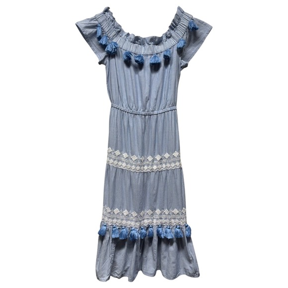 Tularosa Lana Midi Dress L Blue Stripe Embroidered Off Shoulder Tiered Tassel - Picture 2 of 7